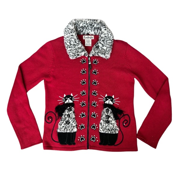 TimberLea Cat Lover Novelty Cardigan Sweater w/detachable faux fur collar size S - Picture 3 of 11